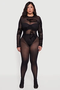 Womens Plus Size Butterfly Print Velvet Burnout Bodysuit, Black, Size 3X