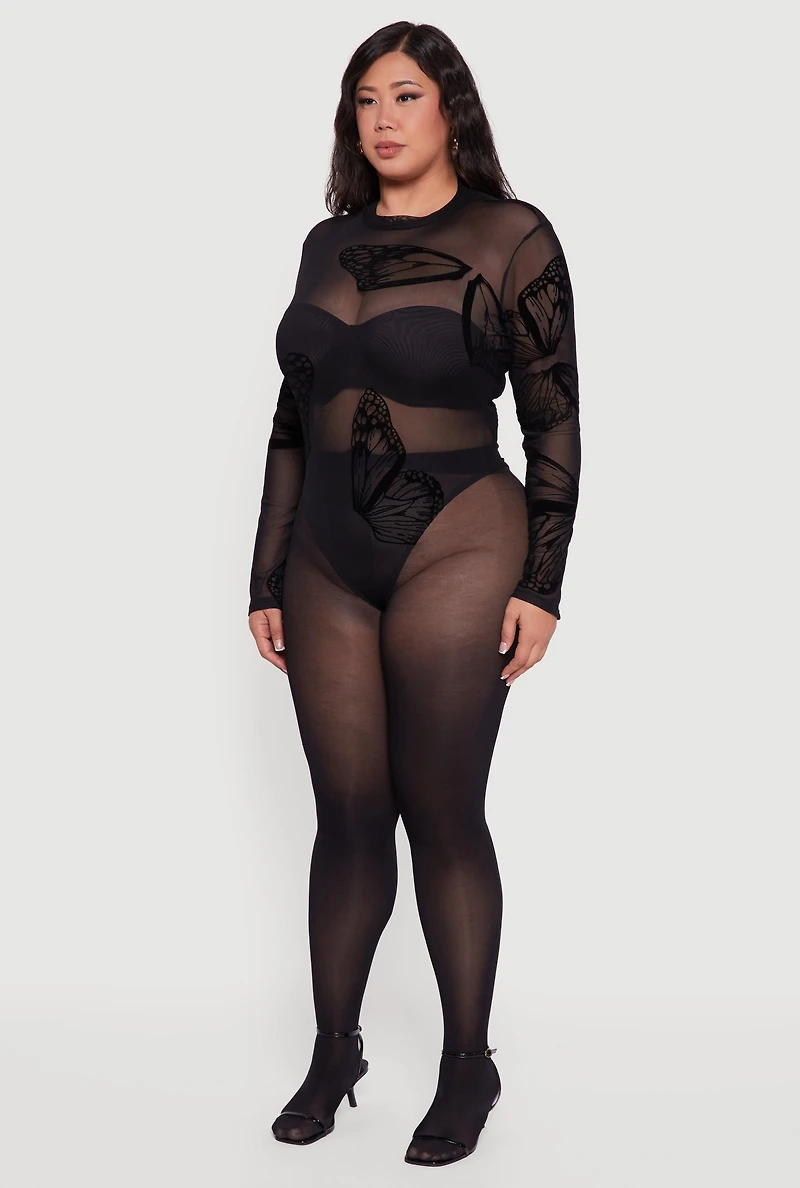 Womens Plus Butterfly Print Velvet Burnout Bodysuit, Black,