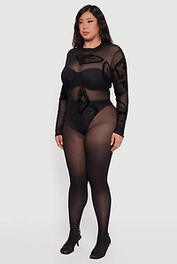 Womens Plus Size Butterfly Print Velvet Burnout Bodysuit, Black, Size 3X