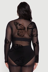 Womens Plus Size Butterfly Print Velvet Burnout Bodysuit, Black, Size 1X