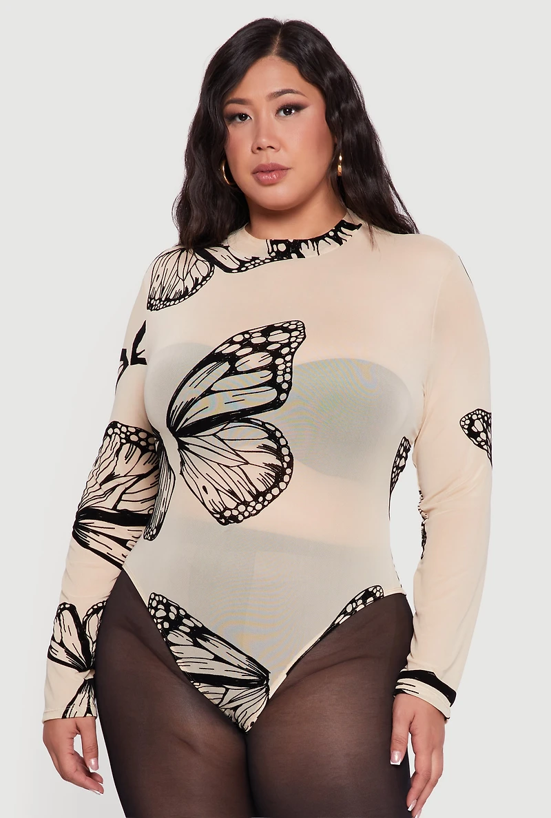 Womens Plus Butterfly Print Velvet Burnout Bodysuit,