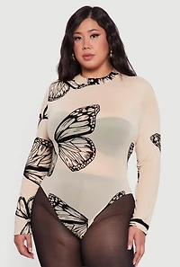 Womens Plus Butterfly Print Velvet Burnout Bodysuit,