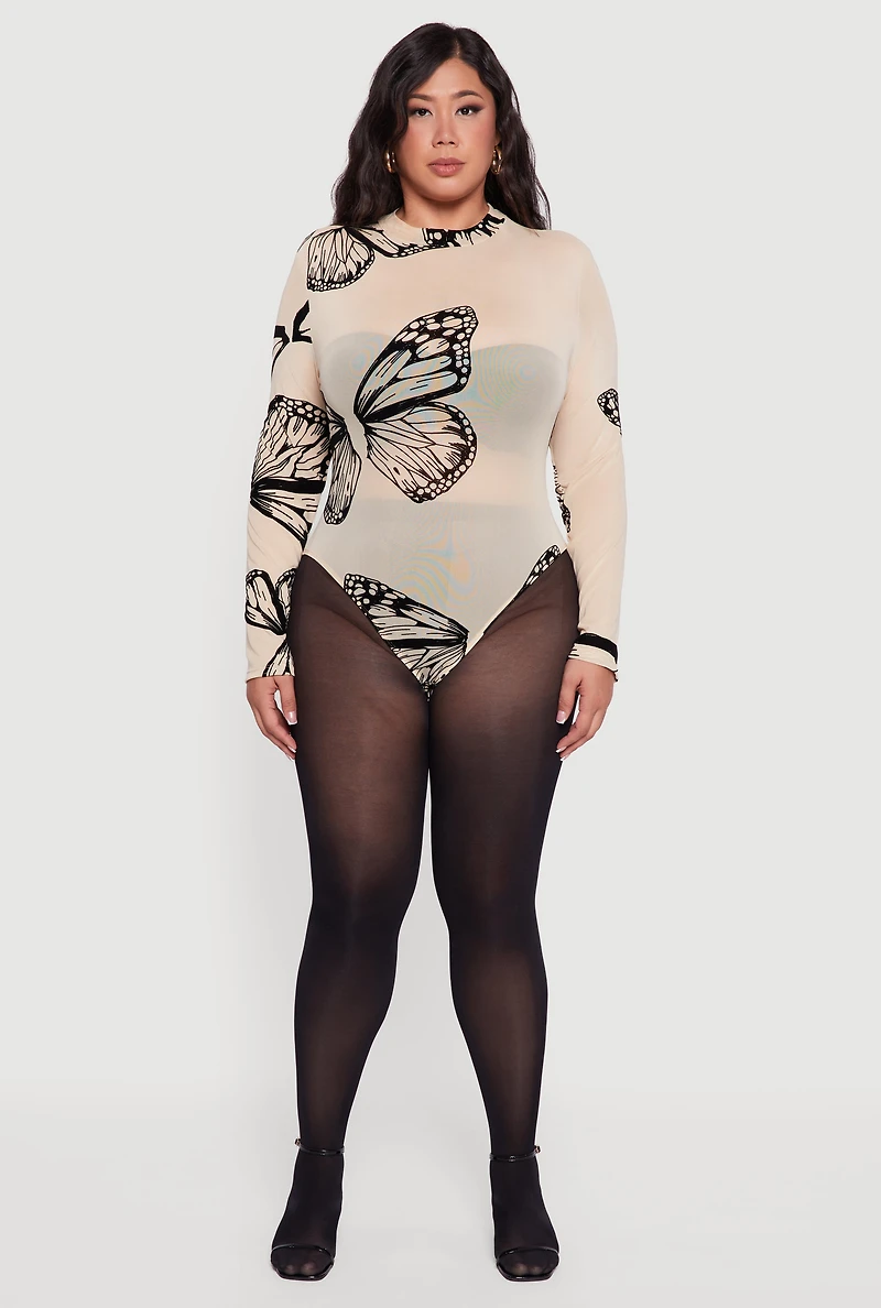 Womens Plus Size Butterfly Print Velvet Burnout Bodysuit, Beige, Size 2X