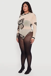 Womens Plus Size Butterfly Print Velvet Burnout Bodysuit, Beige, Size 2X