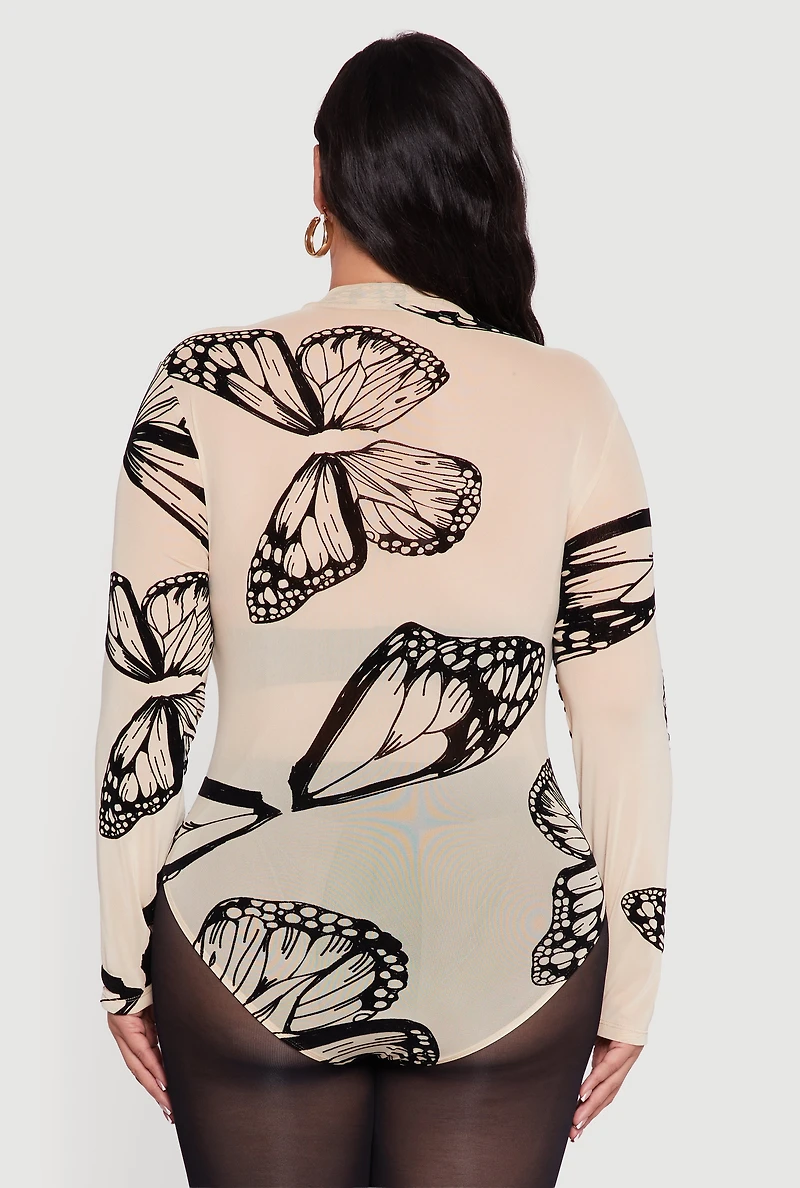 Womens Plus Size Butterfly Print Velvet Burnout Bodysuit, Beige, Size 2X