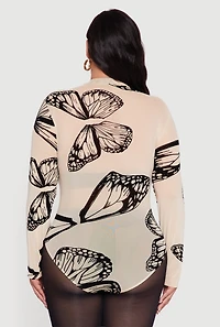 Womens Plus Size Butterfly Print Velvet Burnout Bodysuit, Beige, Size 2X