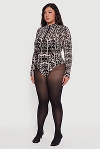 Plus Greek Key Velvet Burnout Half Zip Bodysuit