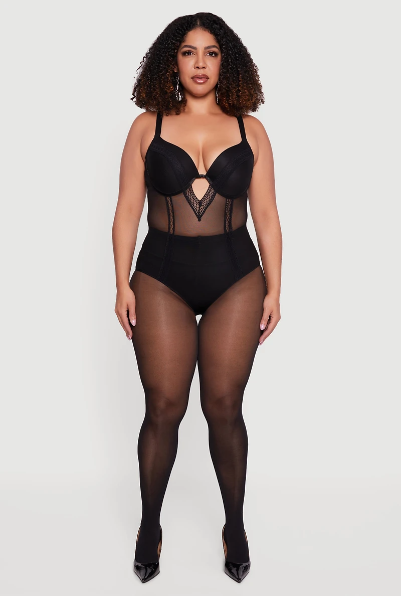 Womens Plus Size Keyhole Detail Mesh Bodysuit, Black, Size 3X