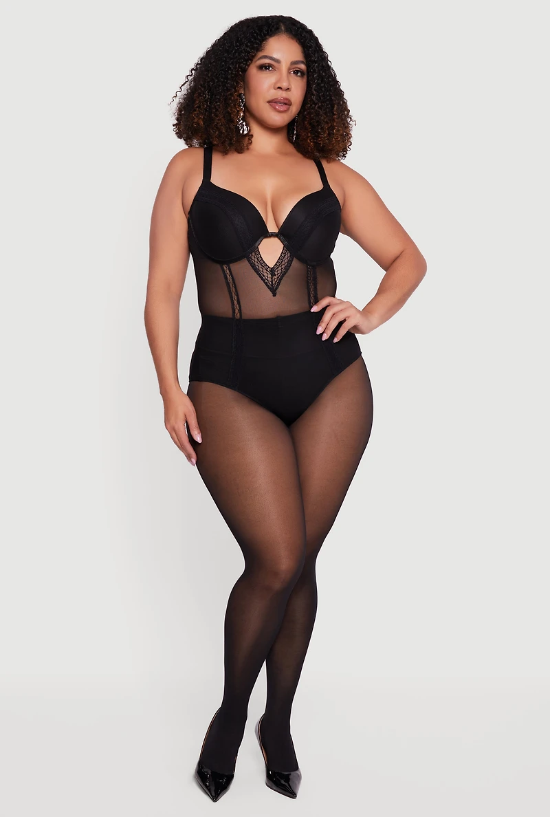 Womens Plus Size Keyhole Detail Mesh Bodysuit, Black, Size 3X