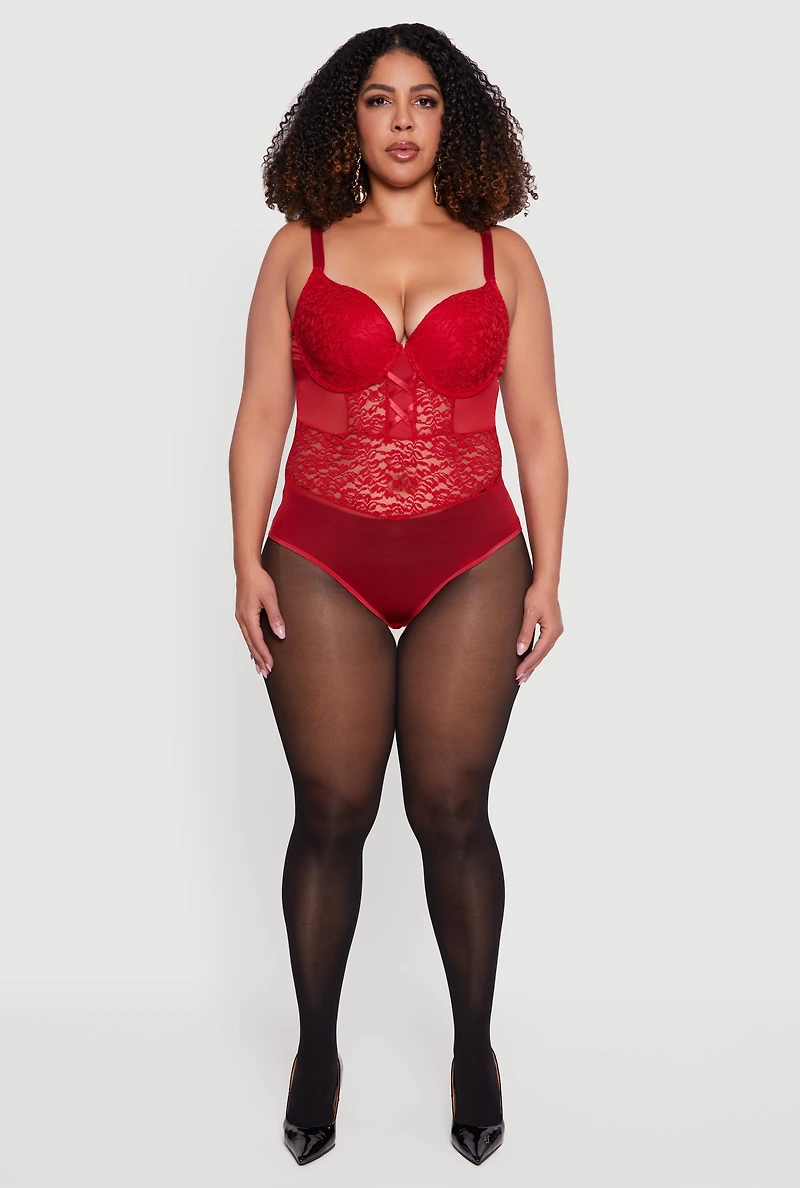 Womens Plus Size Bustier Lace Bodysuit, Red, Size 1X