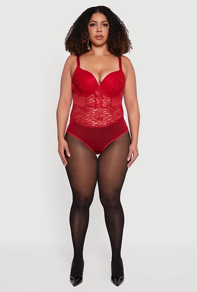 Womens Plus Size Bustier Lace Bodysuit, Red, Size 1X
