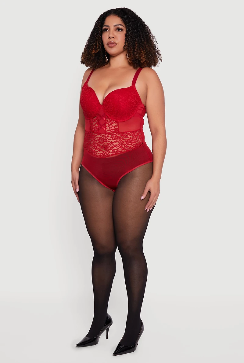 Womens Plus Size Bustier Lace Bodysuit, Red, Size 1X