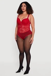 Womens Plus Size Bustier Lace Bodysuit, Red, Size 1X