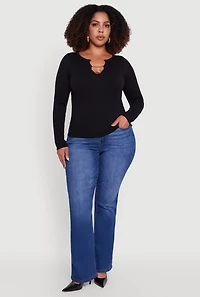 Plus Rib Knit Metallic Chain Keyhole Neckline Top