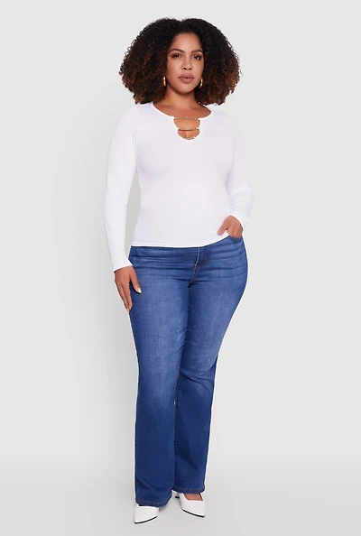 Womens Plus Size Rib Knit Metallic Chain Keyhole Neckline Top, White, Size 2X-3X