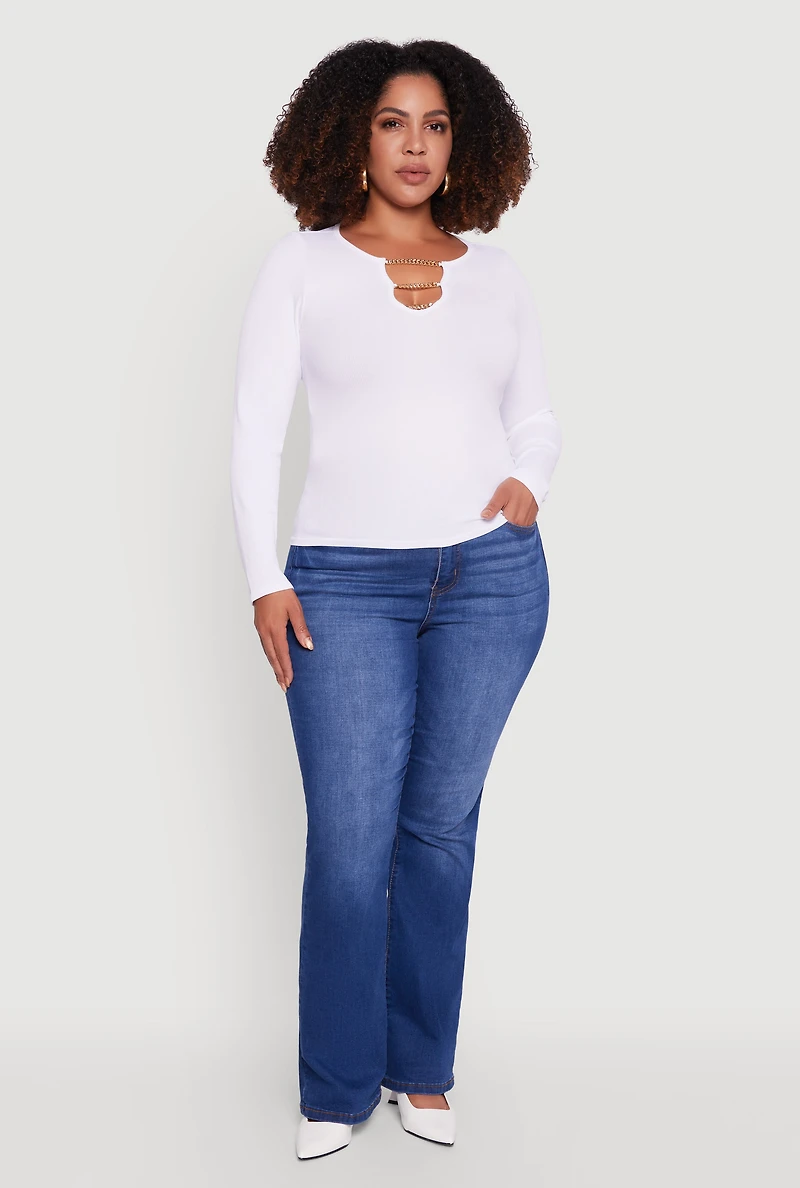 Womens Plus Size Rib Knit Metallic Chain Keyhole Neckline Top, White, Size 1X-2X