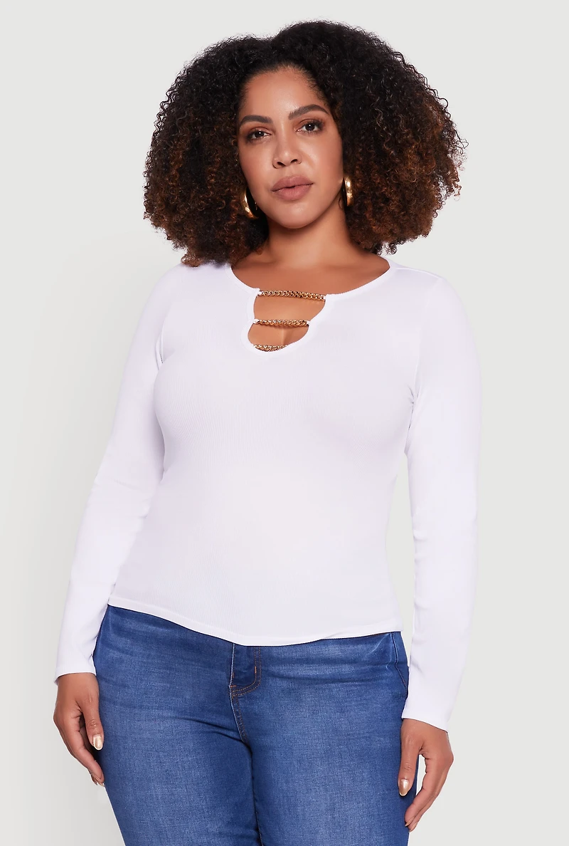 Womens Plus Size Rib Knit Metallic Chain Keyhole Neckline Top, White, Size 2X-3X