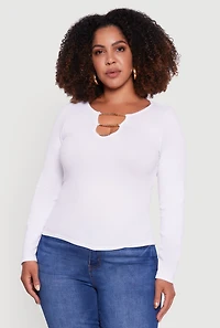 Womens Plus Size Rib Knit Metallic Chain Keyhole Neckline Top, White, Size 2X-3X