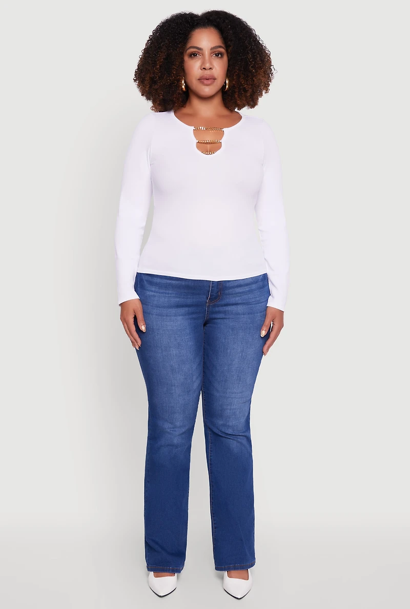 Womens Plus Size Rib Knit Metallic Chain Keyhole Neckline Top, White, Size 1X-2X