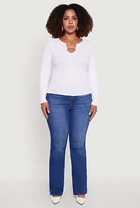 Womens Plus Size Rib Knit Metallic Chain Keyhole Neckline Top, White, Size 1X-2X