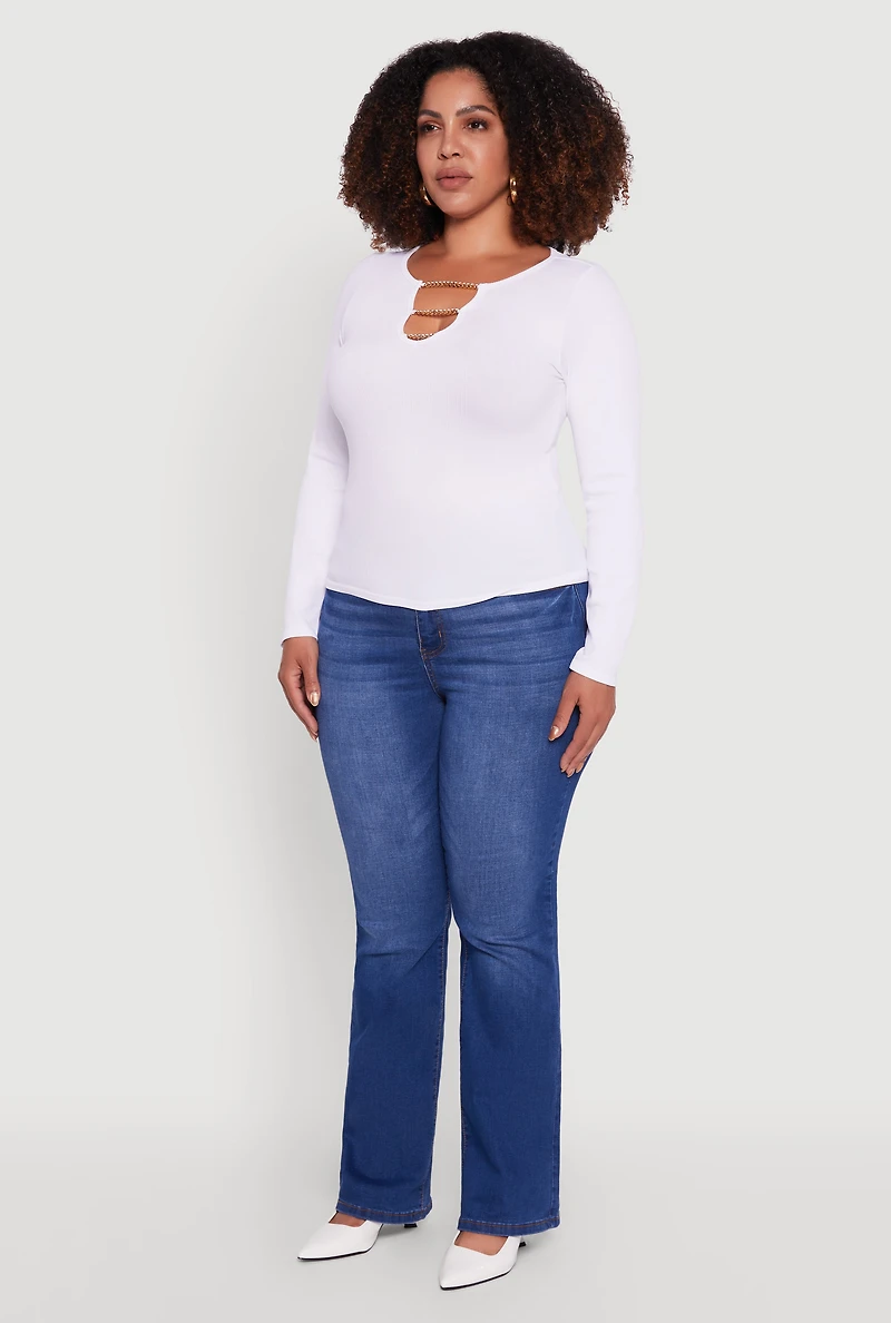 Womens Plus Size Rib Knit Metallic Chain Keyhole Neckline Top, White, Size 2X-3X