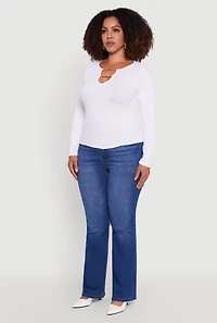 Womens Plus Size Rib Knit Metallic Chain Keyhole Neckline Top, White, Size 2X-3X