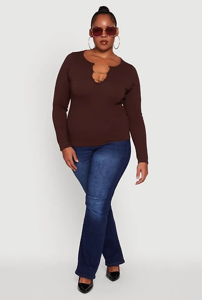 Womens Plus Size Rib Knit Metallic Chain Keyhole Neckline Top, Brown, Size 2X-3X