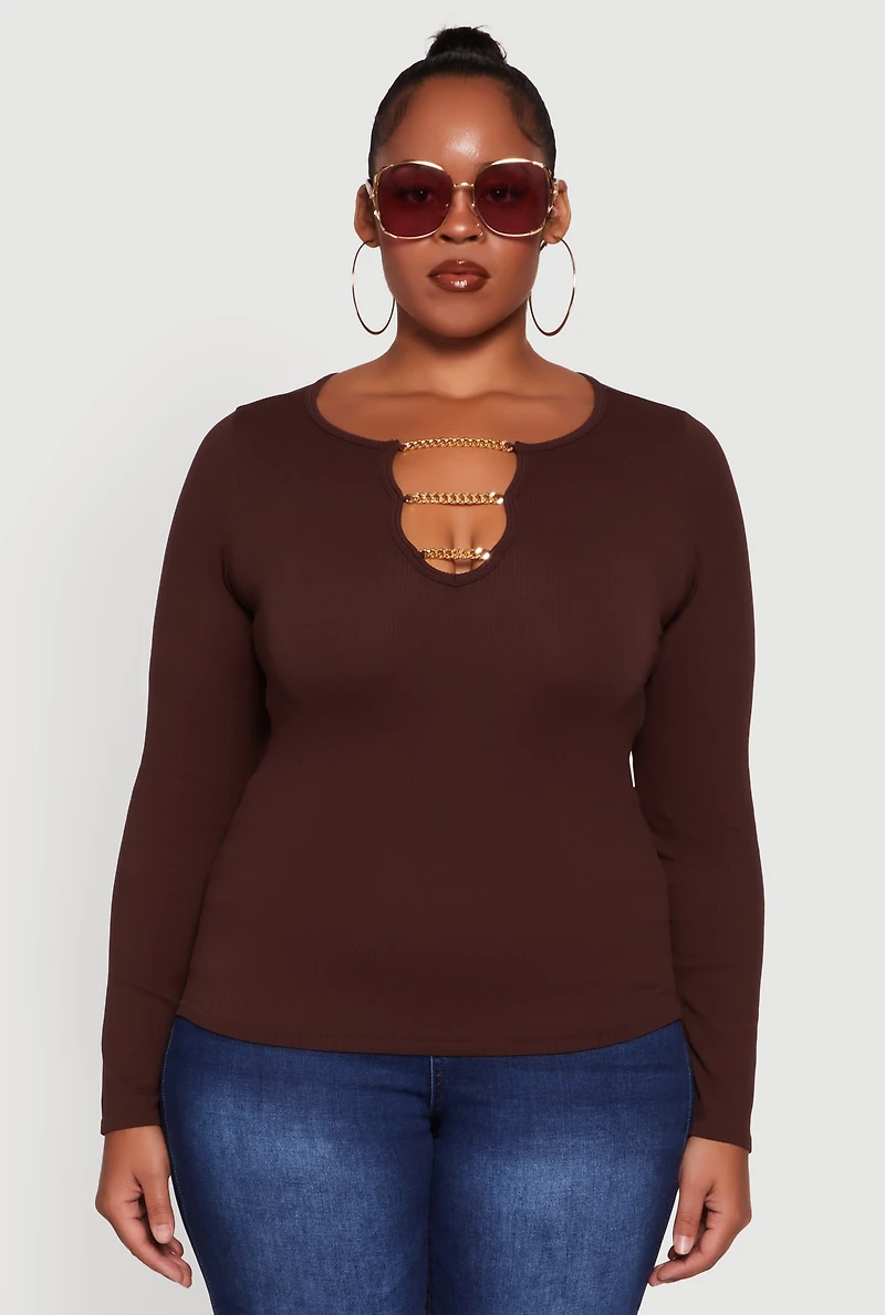 Womens Plus Size Rib Knit Metallic Chain Keyhole Neckline Top, Brown, Size 2X-3X