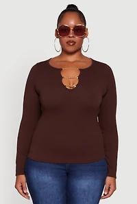 Womens Plus Size Rib Knit Metallic Chain Keyhole Neckline Top, Brown, Size 2X-3X