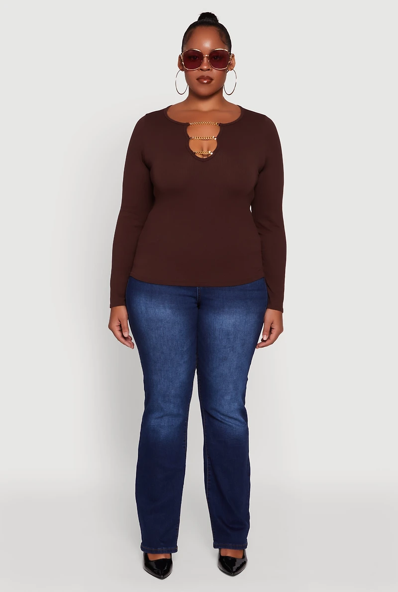 Womens Plus Size Rib Knit Metallic Chain Keyhole Neckline Top, Brown, Size 2X-3X