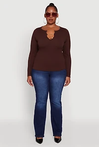 Womens Plus Size Rib Knit Metallic Chain Keyhole Neckline Top, Brown, Size 2X-3X