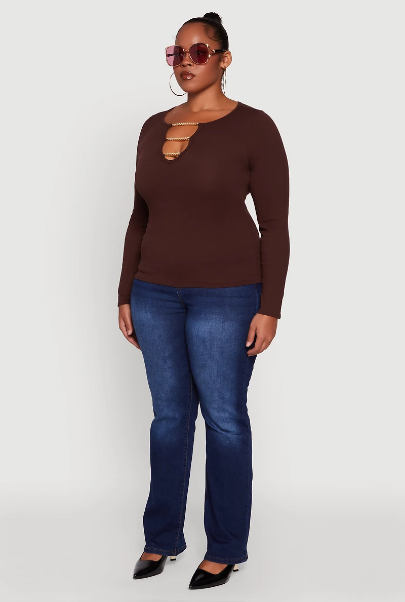 Womens Plus Size Rib Knit Metallic Chain Keyhole Neckline Top, Brown, Size 2X-3X
