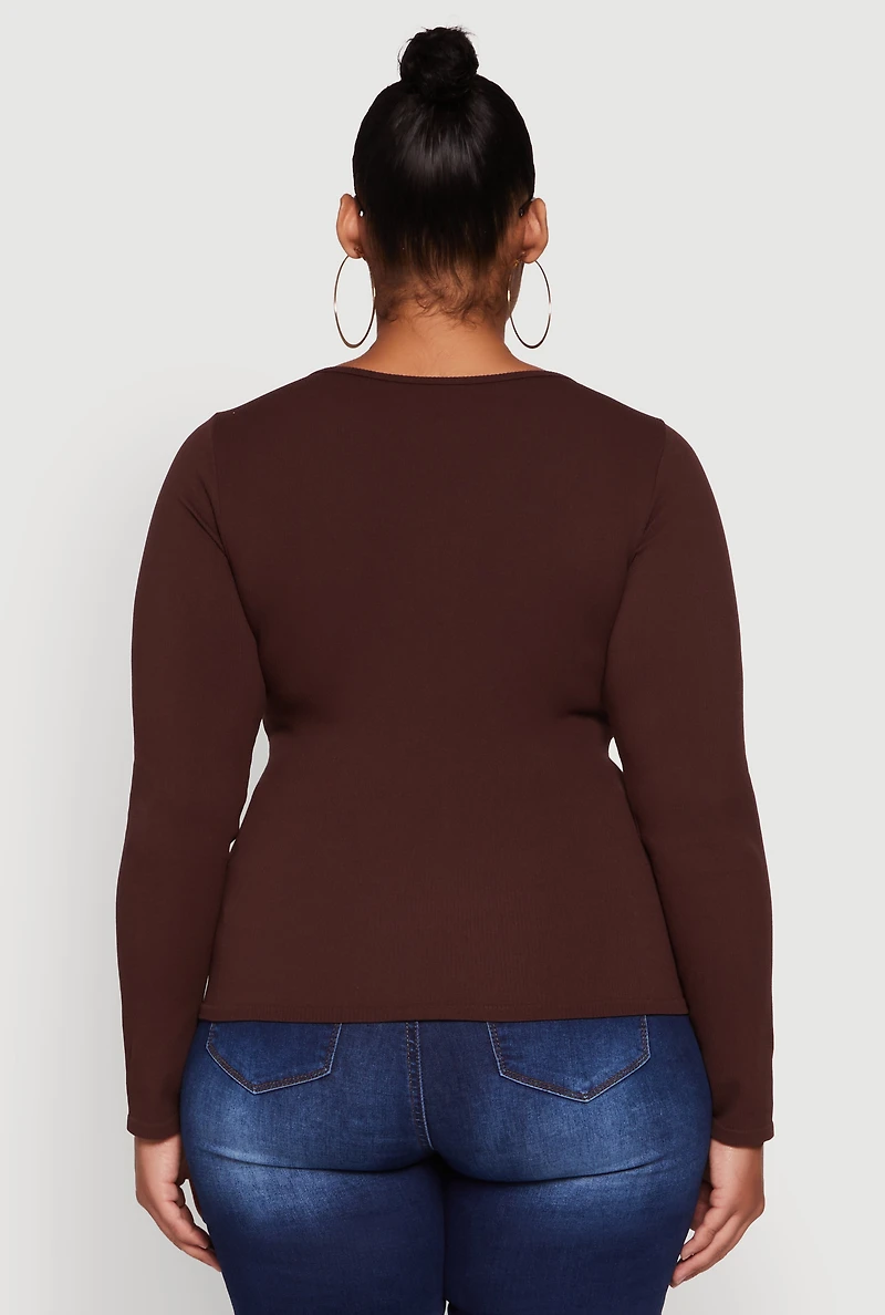Womens Plus Size Rib Knit Metallic Chain Keyhole Neckline Top, Brown, Size 2X-3X
