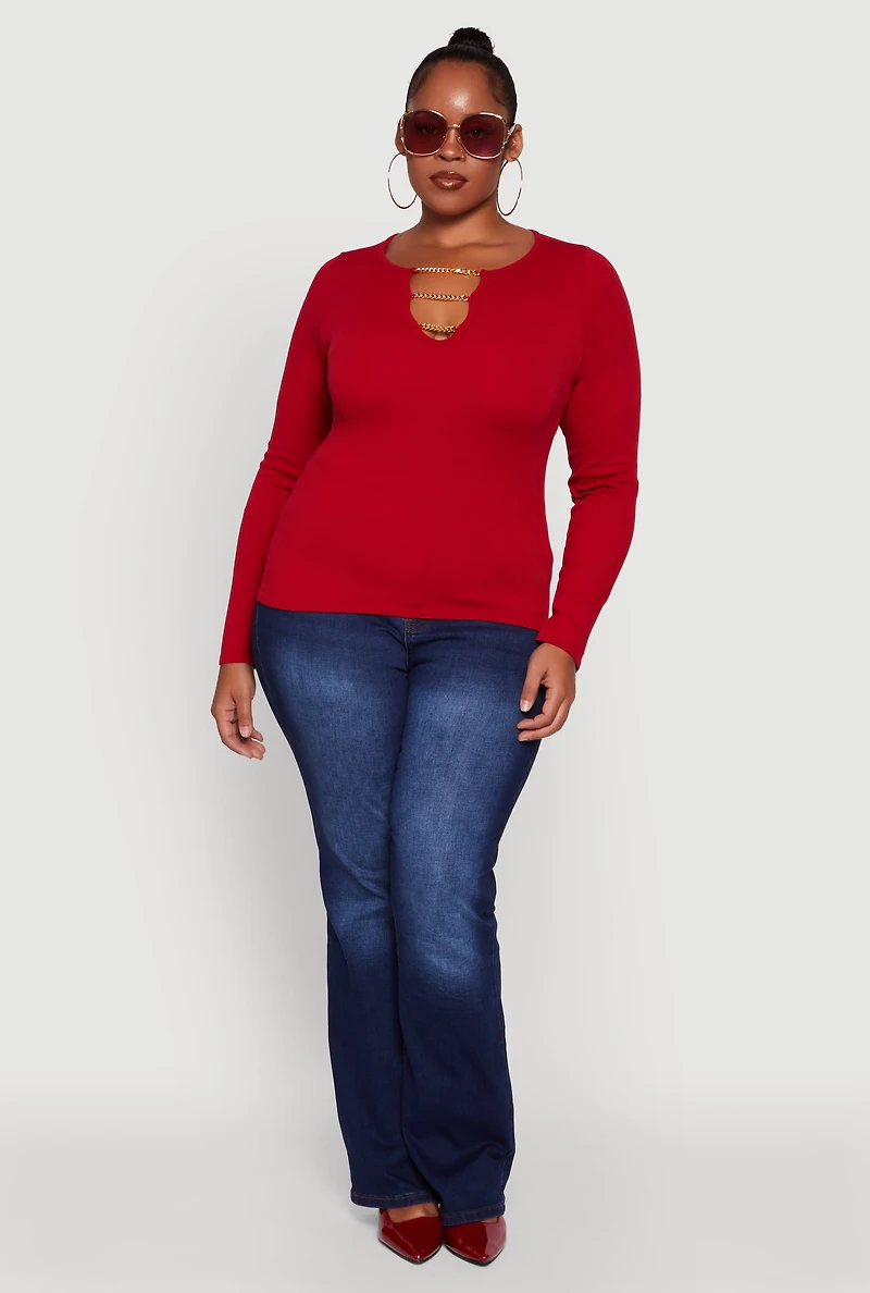 Womens Plus Size Rib Knit Metallic Chain Keyhole Neckline Top, Red, Size 1X-2X