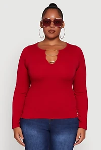 Womens Plus Size Rib Knit Metallic Chain Keyhole Neckline Top, Red, Size 1X-2X