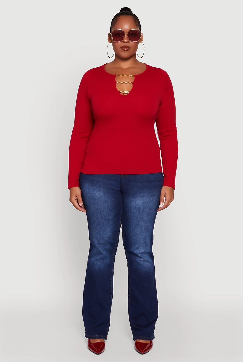 Womens Plus Size Rib Knit Metallic Chain Keyhole Neckline Top, Red, Size 1X-2X