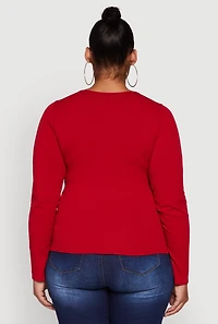 Womens Plus Size Rib Knit Metallic Chain Keyhole Neckline Top, Red, Size 1X-2X