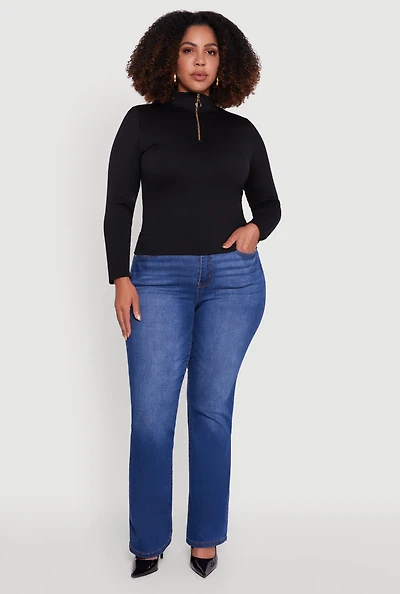 Womens Plus Half Zip Rib Knit Mock Neck Top,