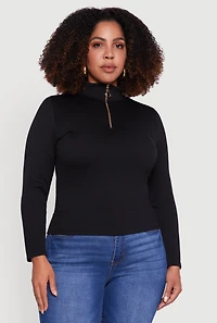 Womens Plus Size Half Zip Rib Knit Mock Neck Top, Black, Size 2X-3X