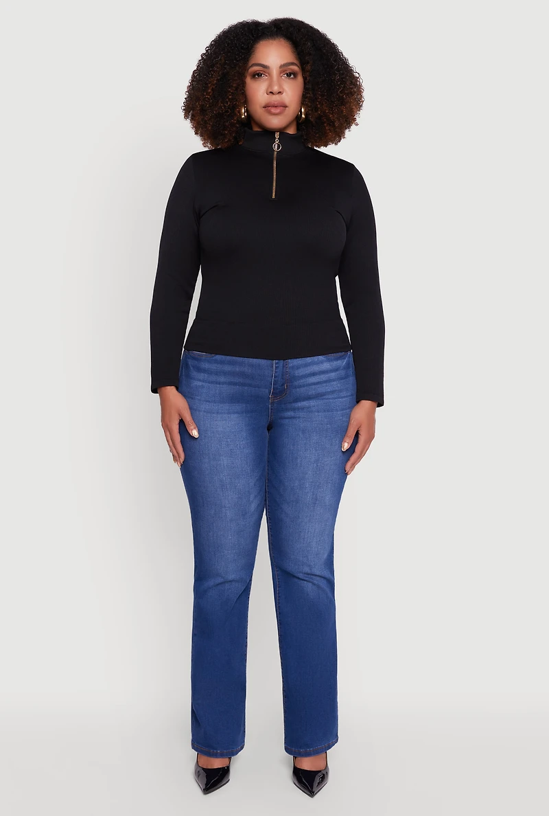 Womens Plus Size Half Zip Rib Knit Mock Neck Top, Black, Size 2X-3X