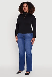 Womens Plus Size Half Zip Rib Knit Mock Neck Top, Black, Size 2X-3X