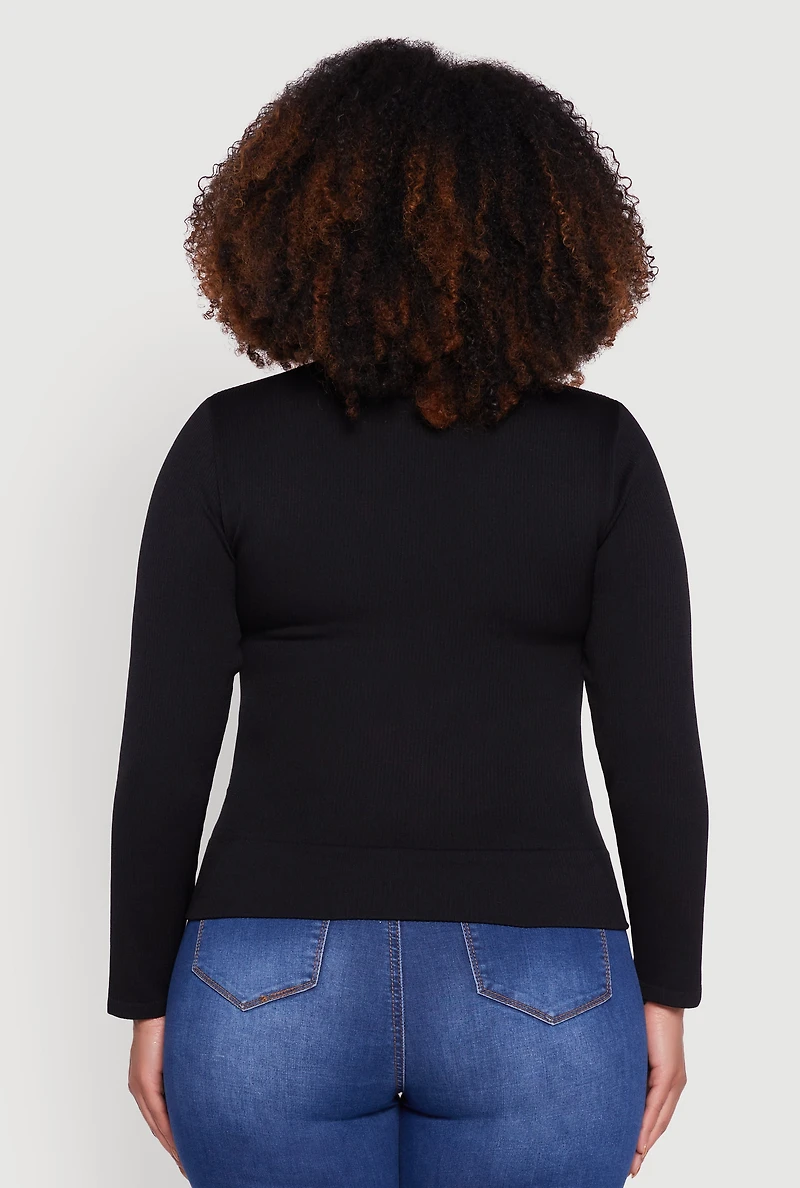 Womens Plus Size Half Zip Rib Knit Mock Neck Top, Black, Size 2X-3X