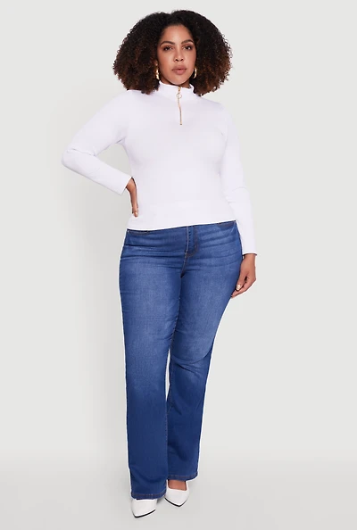 Womens Plus Size Half Zip Rib Knit Mock Neck Top, White, Size 1X-2X