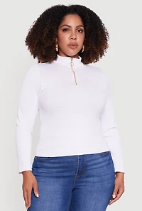 Womens Plus Size Half Zip Rib Knit Mock Neck Top, White, Size 1X-2X