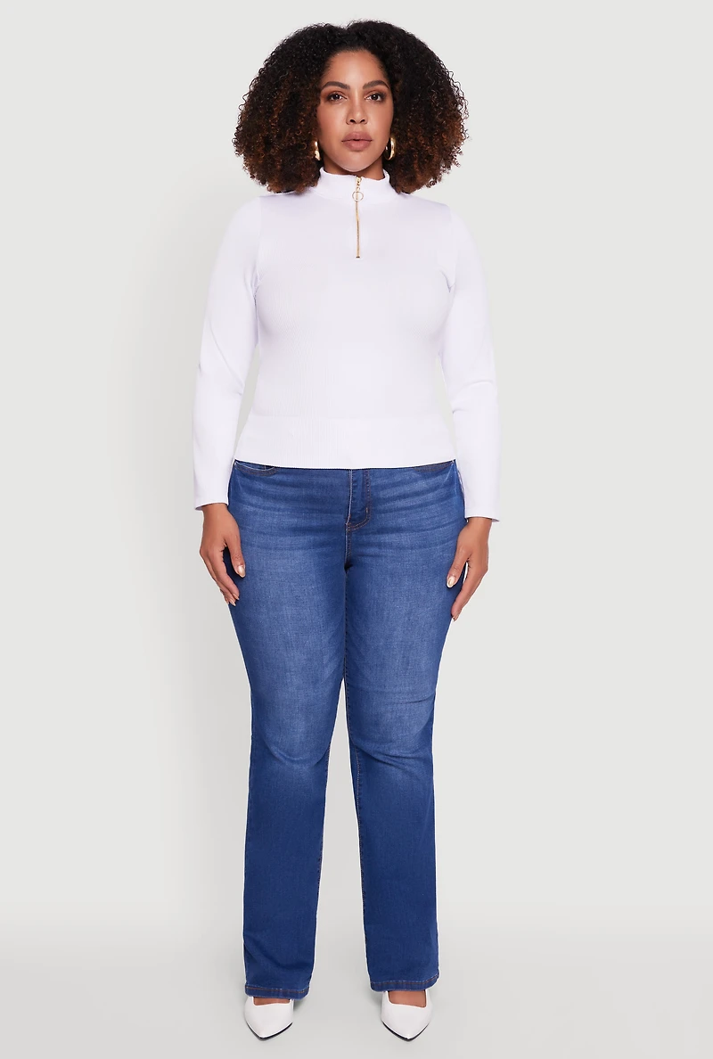 Womens Plus Size Half Zip Rib Knit Mock Neck Top, White, Size 1X-2X