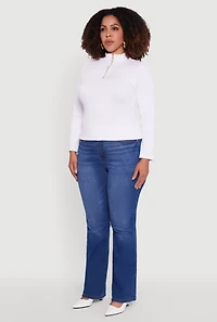 Womens Plus Size Half Zip Rib Knit Mock Neck Top, White, Size 1X-2X