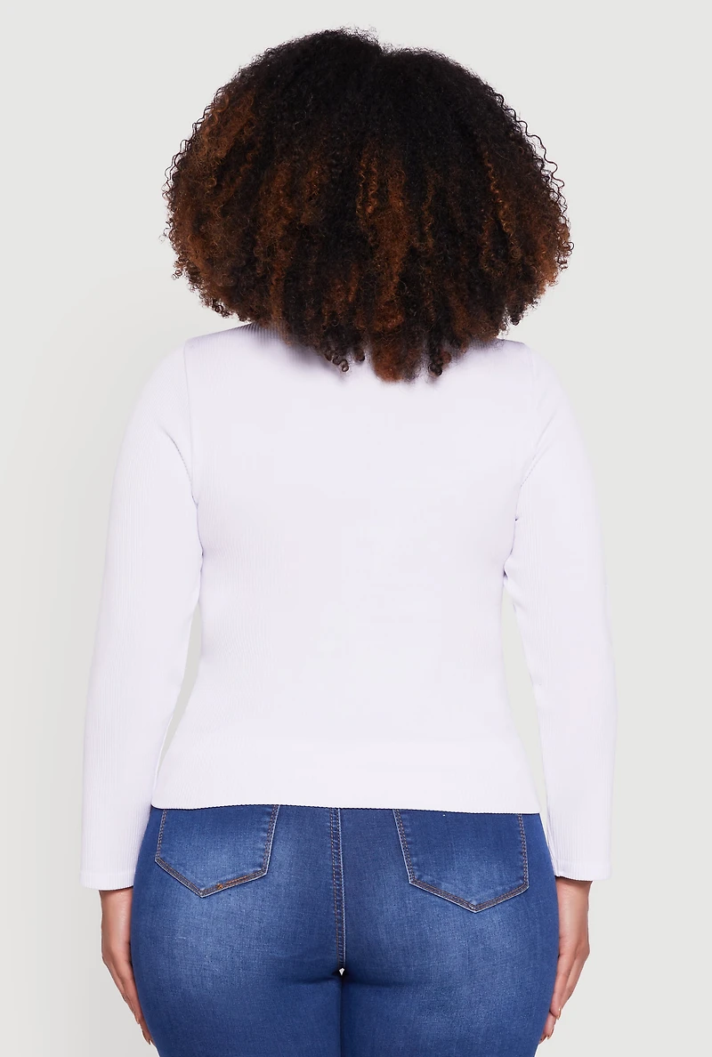 Womens Plus Size Half Zip Rib Knit Mock Neck Top, White, Size 2X-3X