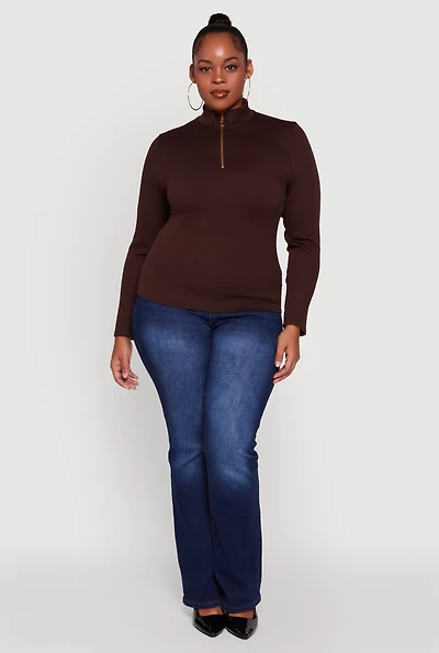 Womens Plus Size Half Zip Rib Knit Mock Neck Top, Brown, Size 2X-3X