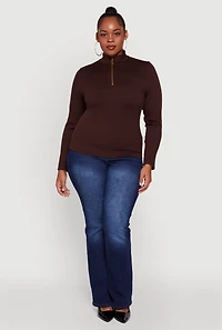 Womens Plus Size Half Zip Rib Knit Mock Neck Top, Brown, Size 2X-3X