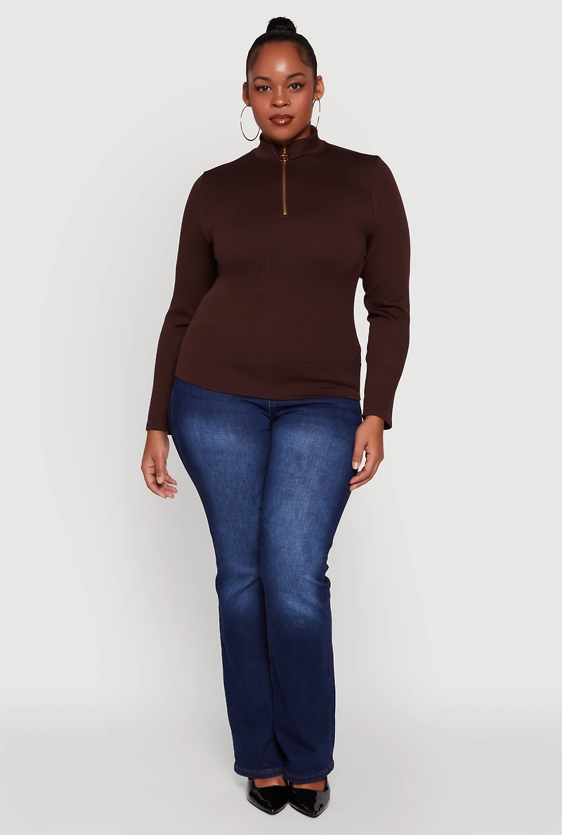 Plus Half Zip Rib Knit Mock Neck Top
